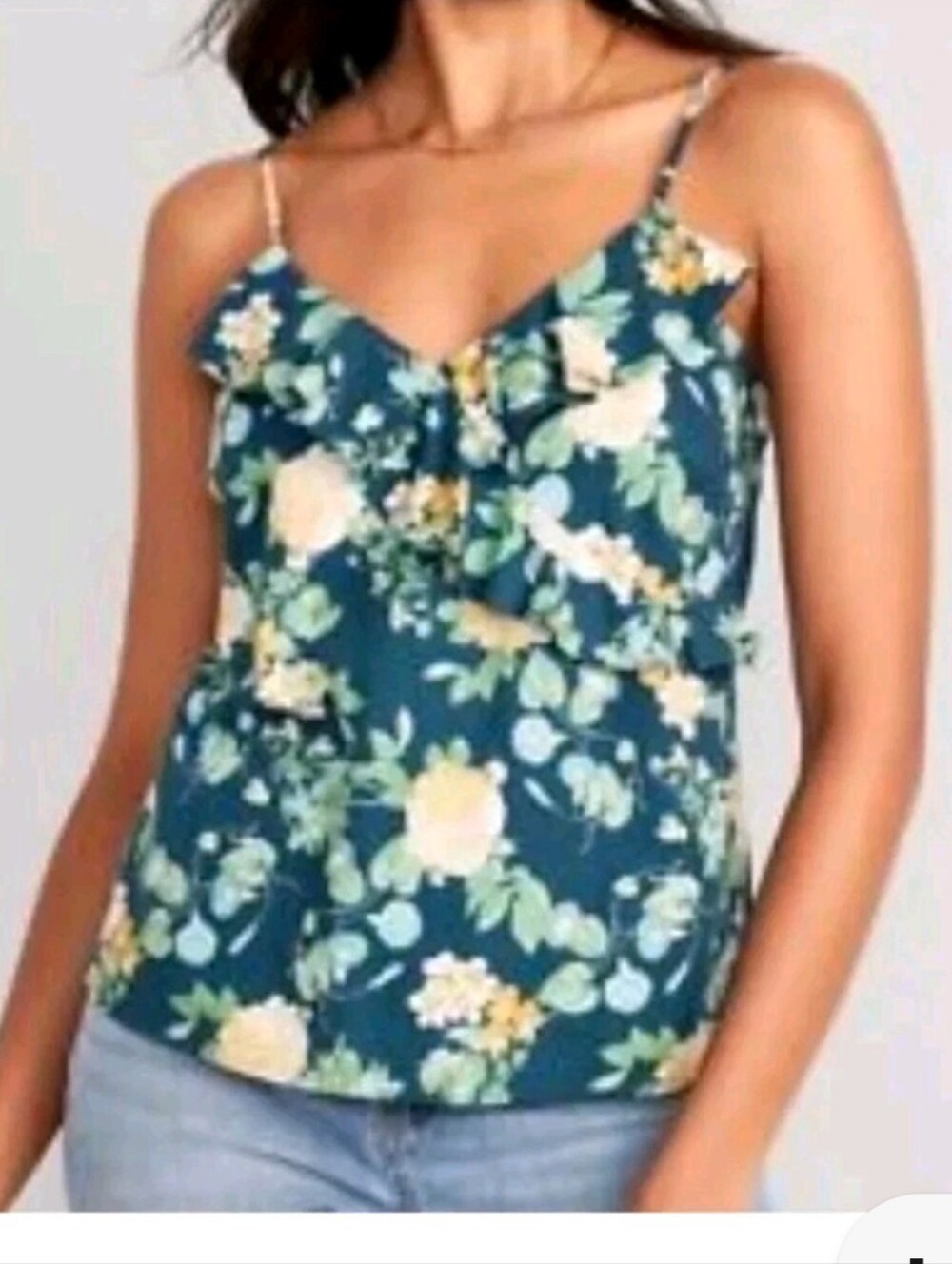 Old Navy Linen Blend Ruffle Blue Yellow Floral Tank